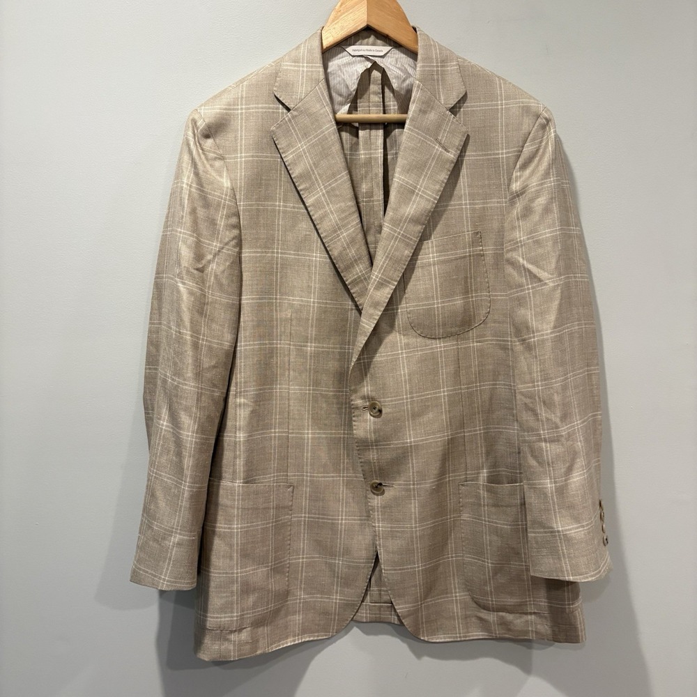 Samuelsohn Loro Piana Mens Sport Coat 42R Beige Plaid Wool Silk Linen Blazer